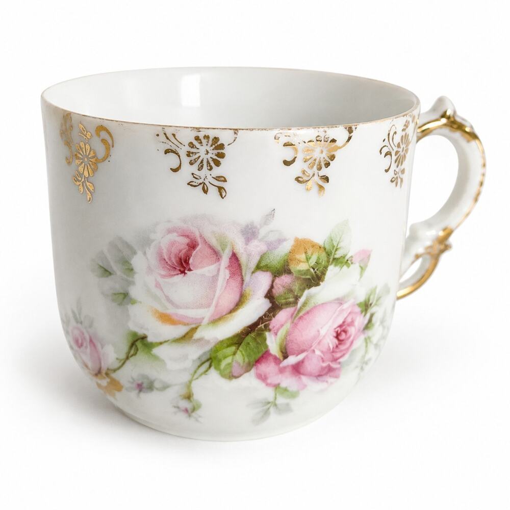 Antique Bavarian Mustache Cup Pink Roses Gold Trim Gentleman’s Shaving Mug